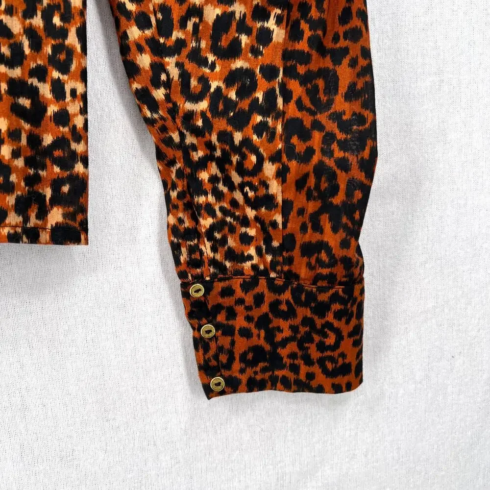 ULLA JOHNSON Vesna Blouse Womens 4 Brown Black Leopard Print Cotton Puff Sleeve